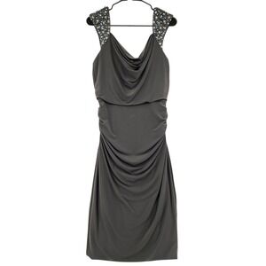 Maggy London Ruched Sheath Dress 8 Gray Embellished Shoulder Cowl Neck Stretch